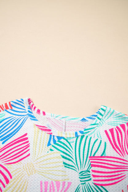 Multicolour Bowknot Printed Waffle Crewneck Loose Short Sleeve Top