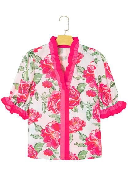 Rose Floral Frilled V Neck Short Sleeve Blouse Top