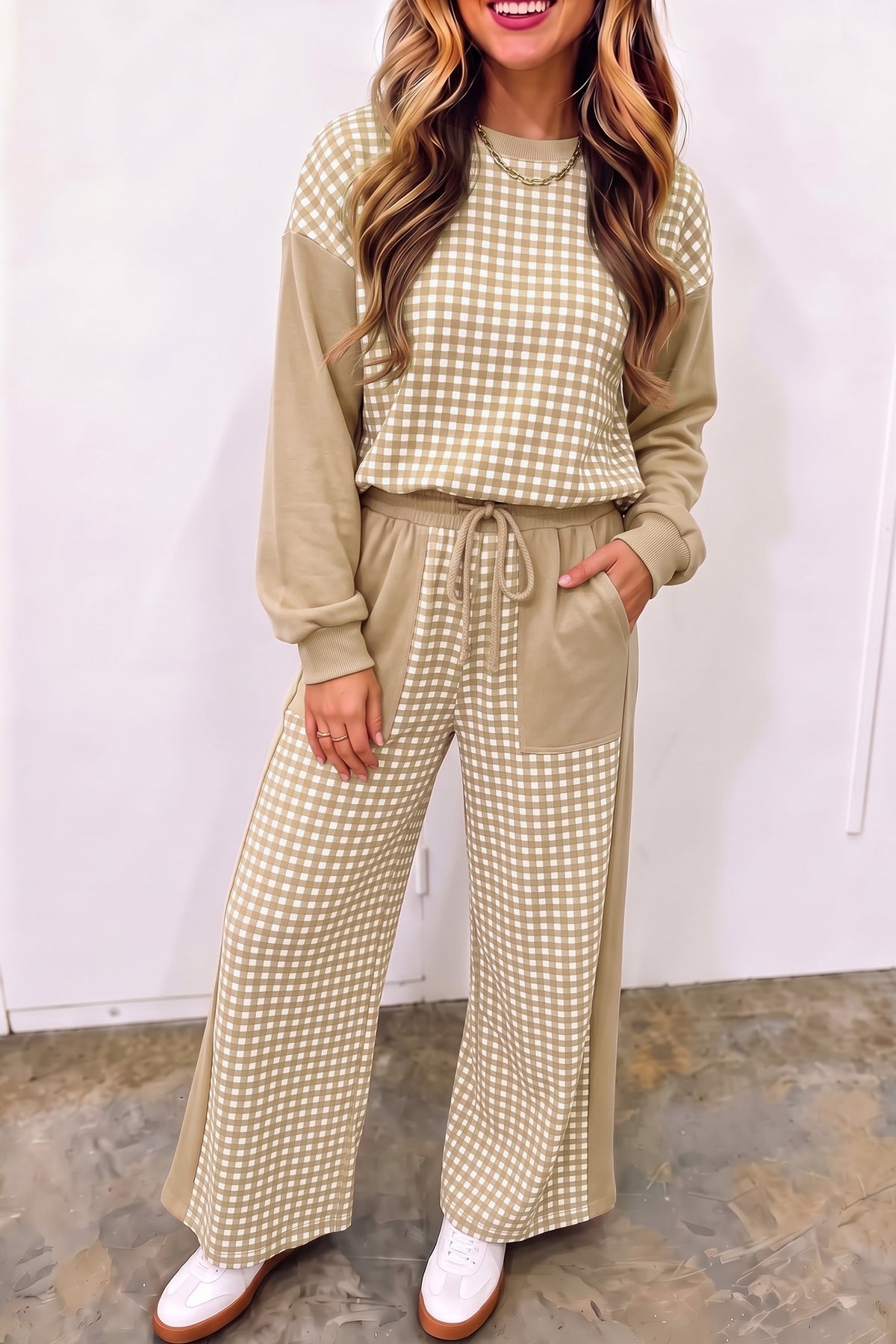 Pink Color Block Plaid Patchwork Long Sleeve Pullover Wide Leg Pant Set