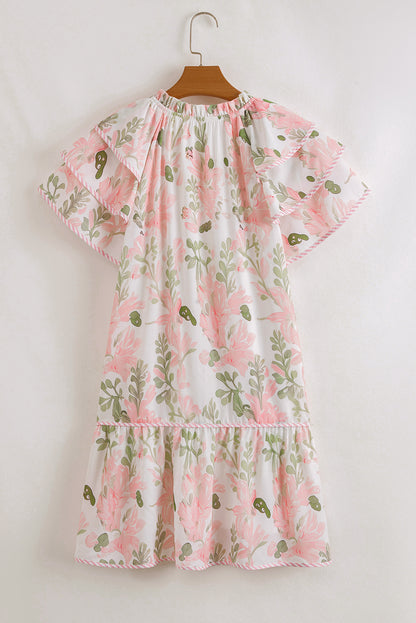 Pink Floral Contrast Edge Layered Short Sleeve Mini Dress