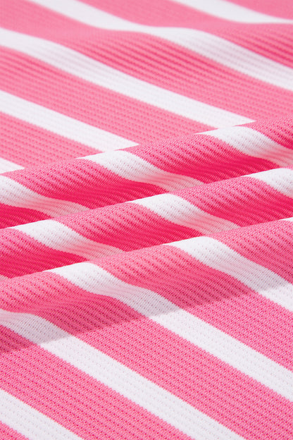 Pink Stripe Short Puff Sleeve Color Block Polo Collar Blouse