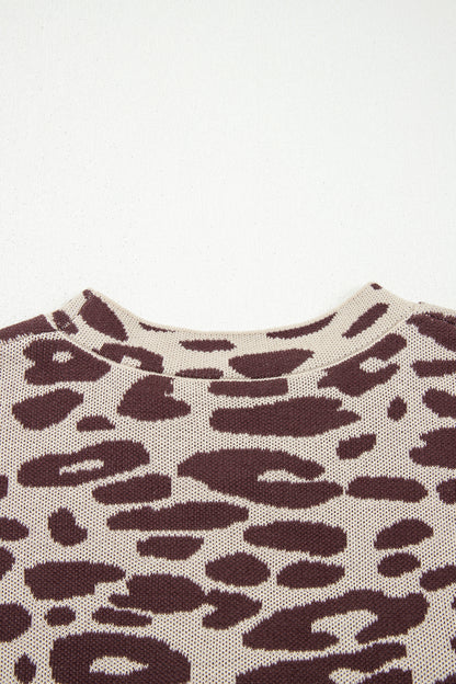 Khaki Leopard Print Short Sleeve Knit Loose Pullover Sweater