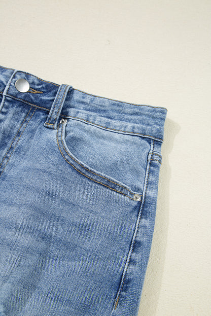 Myosotis Irregular Distressed Bottom Denim Midi Skirt