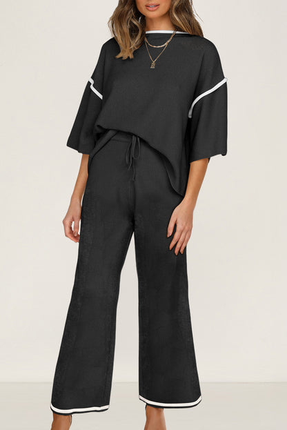 Navy Blue Contrast Trim Half Sleeve Top Drawstring Pants Loose 2pcs Sweater Suit