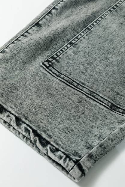 Gray Acid Wash Barrel Fit Denim Pants with Waist String