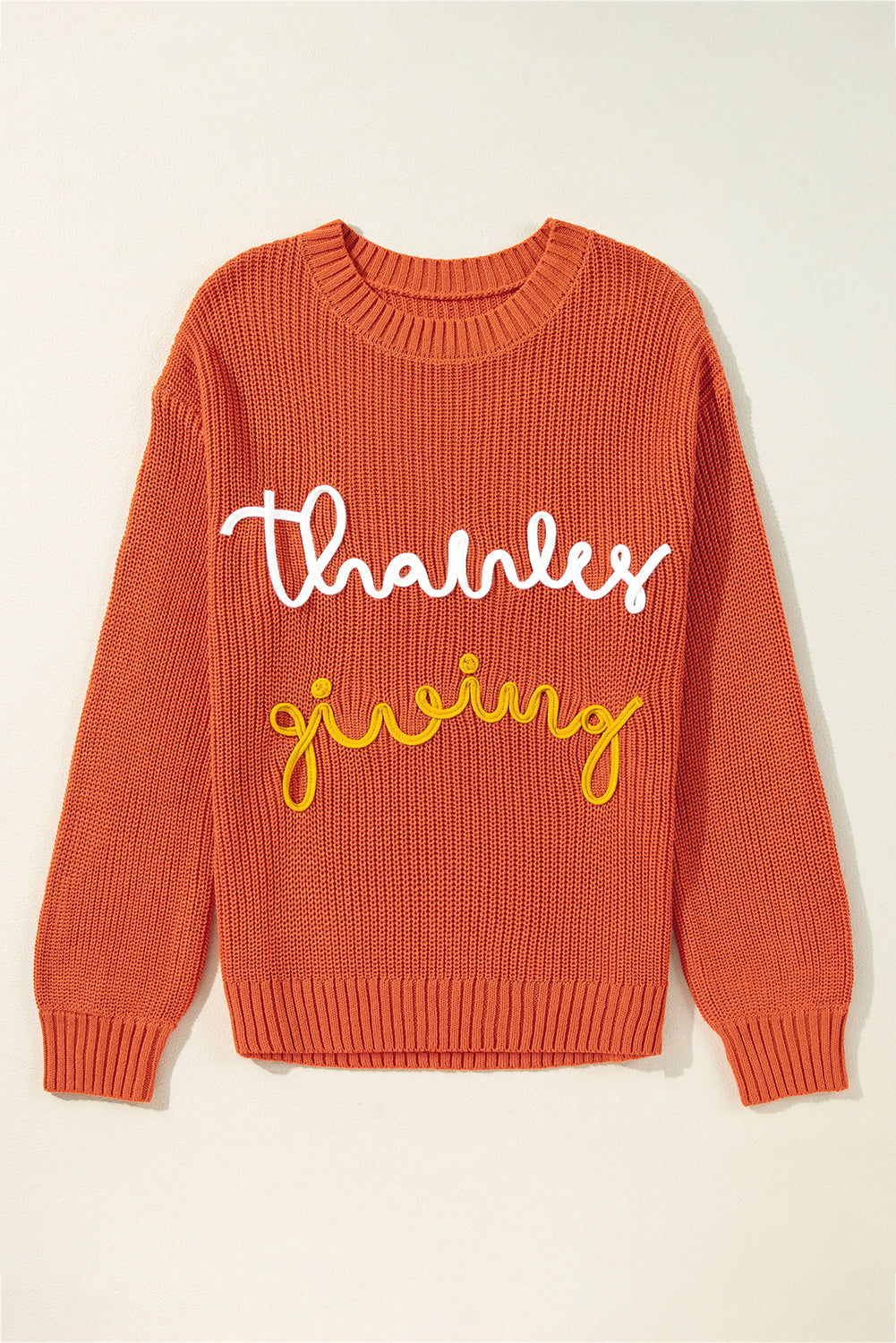 Gold Flame Thanks Giving Letter Graphic Crew Neck Sweater