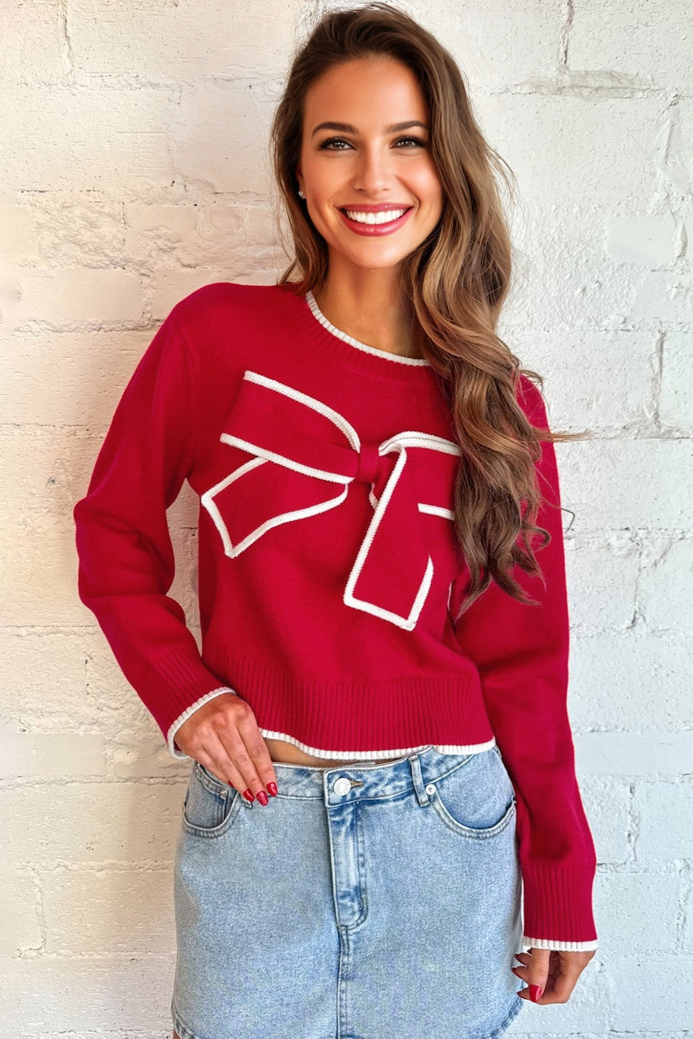 Black Contrast Trim Big Bow Accent Holiday Cropped Sweater