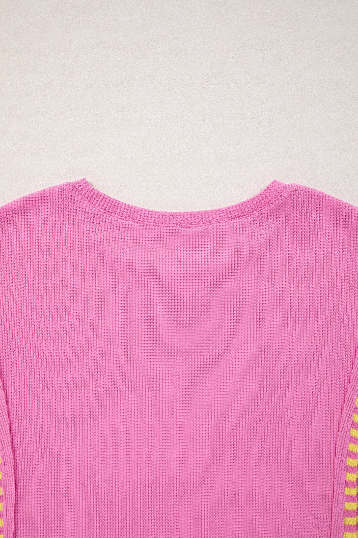 Bright Pink Waffle Textured Contrast Striped Patchwork Loose T Shirt