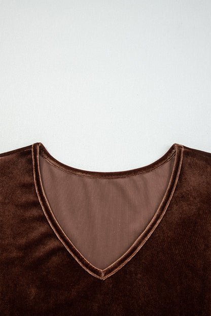 Chicory Coffee Solid Color Velvet V Neck Long Sleeve Tiered Mini Dress