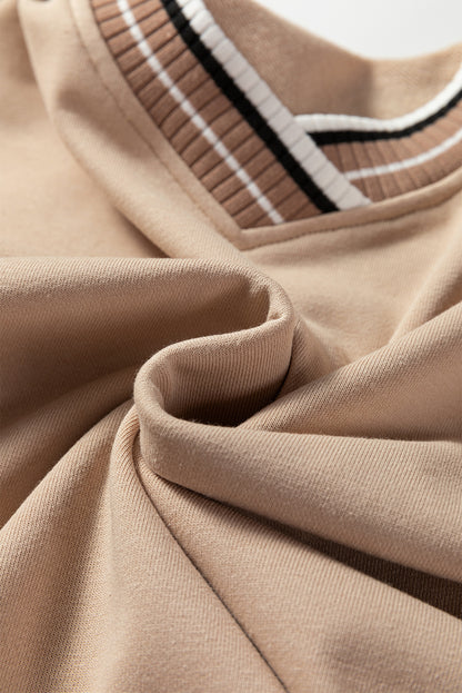 Navy Blue Varsity Contrast Striped Trim V Neck Sweatshirt