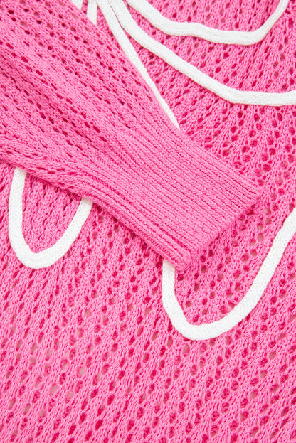 Sachet Pink Sweet Bow Decor Hollow Out Knitted Drop Shoulder Sweater