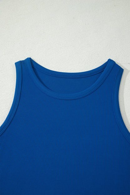 Mist Blue Ribbed Slim Tank Pocketed Wide Leg Shorts Set