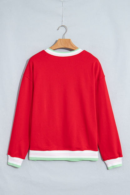 Light Pink Contrast Striped Trim Baggy Pullover Sweatshirt