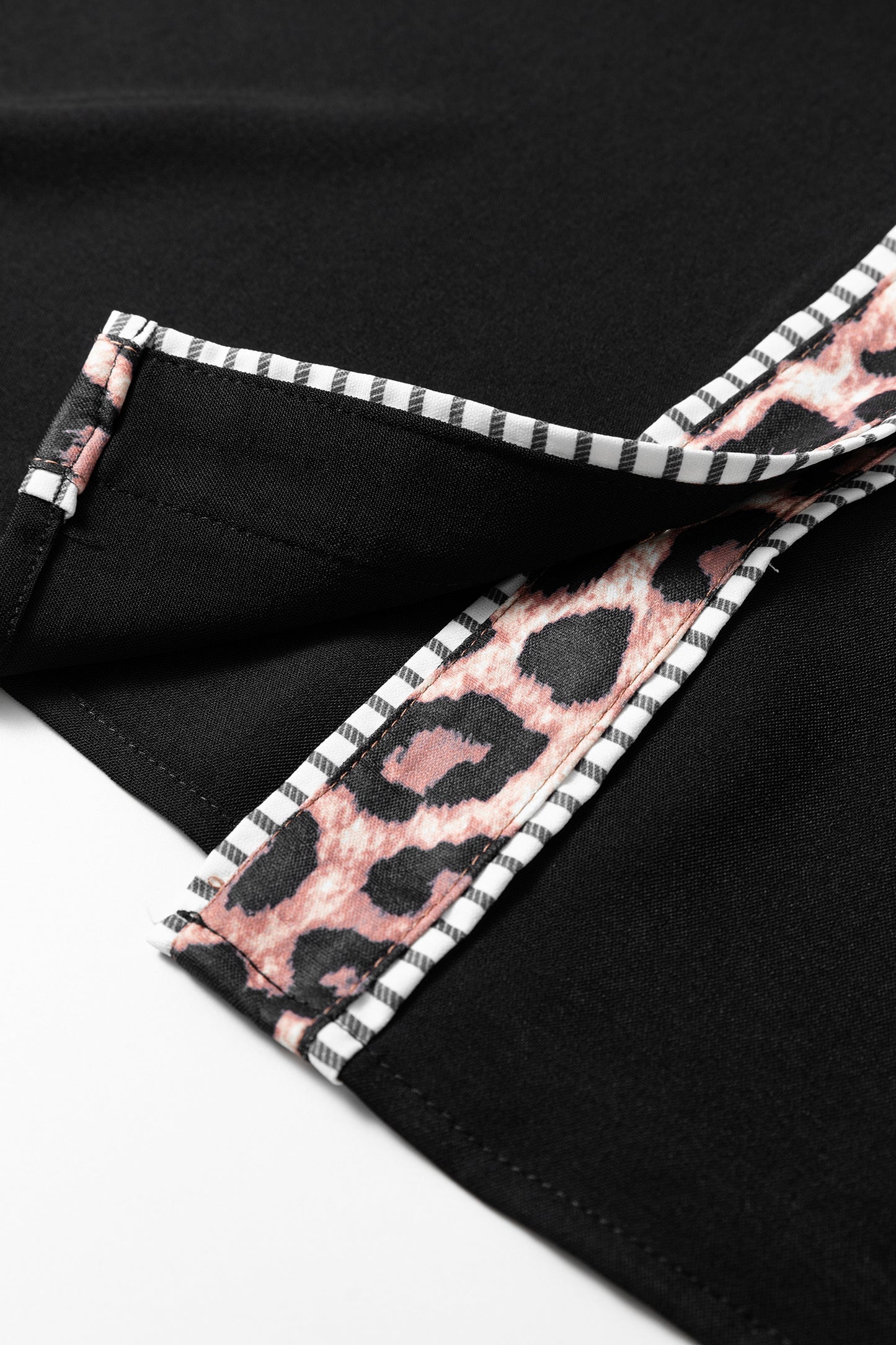 Black V Neck Short Puff Sleeve Contrast Striped Leopard Trim Button Down Shirt
