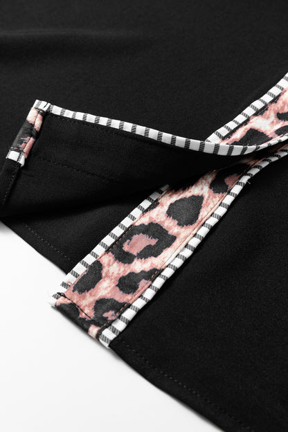 Black V Neck Short Puff Sleeve Contrast Striped Leopard Trim Button Down Shirt
