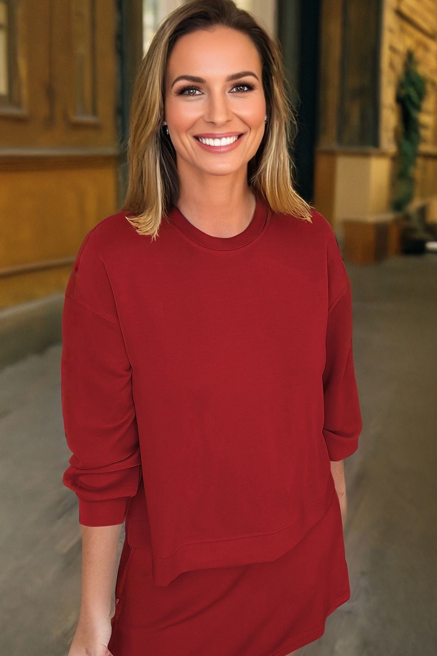 Coffee Solid Color Drop Shoulder Pullover Drawstring Mini Skirt 2pcs Outfit