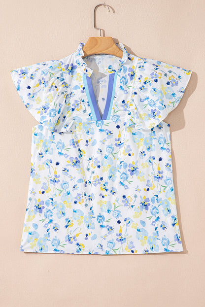 Sky Blue Floral Print Frilled Notched V Neck Blouse