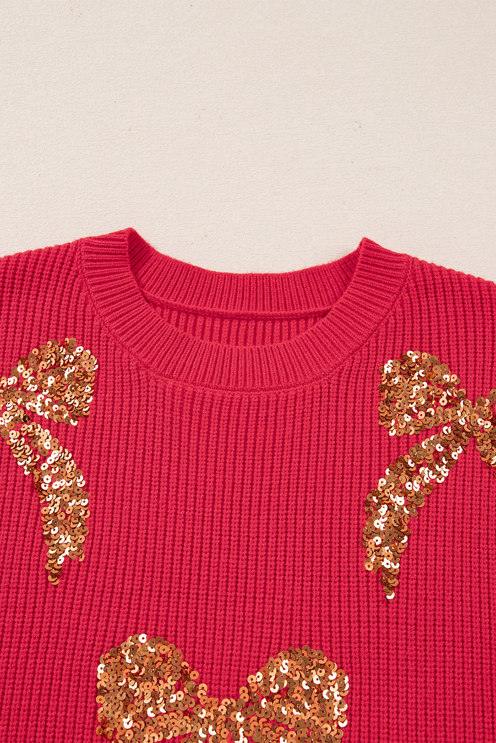 Fiery Red Sequin Bow Accent Drop Shoulder Festive Sweater