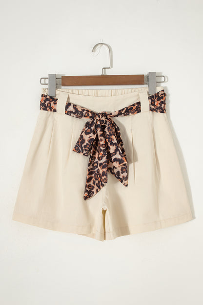 Bright Pink Leopard Contrast Sash Belt Pleated Wide Leg Shorts