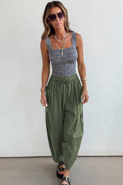 Jungle Green Drawstring Elastic Waist Patch Pocket Barrel Leg Casual Pants