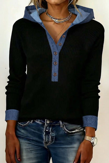 Black Ribbed Knit Contrast Denim Patchwork Hooded Long Sleeve Top