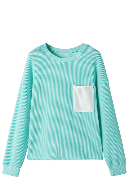 Iceland Blue 3D Ribbed Texture Contrast Patched Pocket Long Sleeve Top