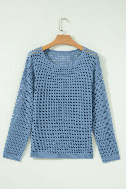 Myosotis Solid Color Hollow Out Knit Long Sleeve Crochet Sweater