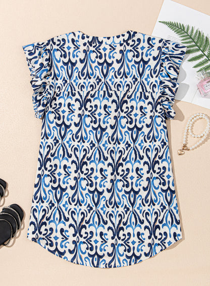 Sky Blue Boho Abstract Print Pintuck Detail Ruffled Top