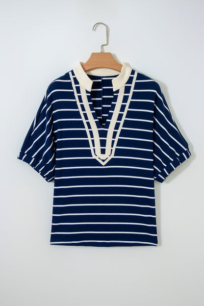 Blue Stripe Stand Collar V Neck Elastic Cuffs Half Sleeve Dolman Top