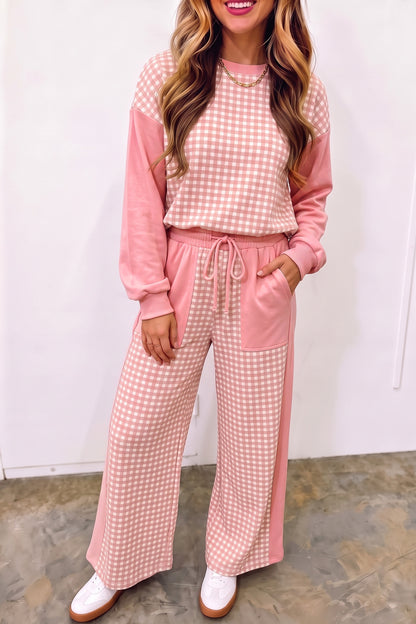 Pink Color Block Plaid Patchwork Long Sleeve Pullover Wide Leg Pant Set