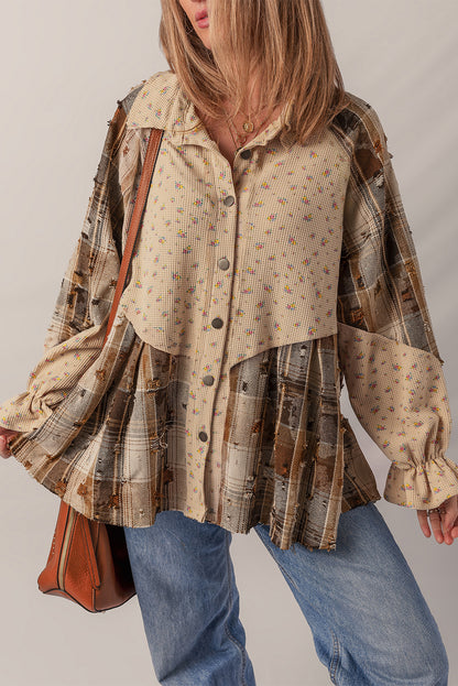 Oatmeal Boho Floral Plaid Patchwork Distressed Detail Ruffled Sleeve Waffle Knit Shacket