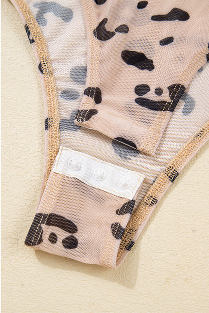 Khaki Mock Neck Sheer Mesh Leopard Long Sleeve Bodysuit