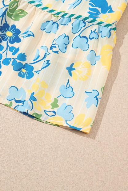 Blue Floral Striped Trim Puff Short Sleeve Dress