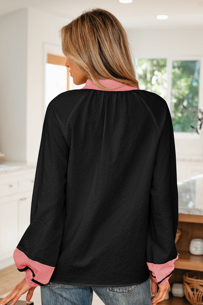 Black Color Block Patchwork Detail V Neck Textured Long Sleeve Blouse