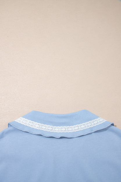 Sky Blue Lace Accent Zipped Collar Short Sleeve Top Sweatpants Set