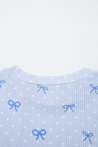 Sky Blue Valentines Bow Print Twisted Rib Loose Long Sleeve Top 2pcs Short Set