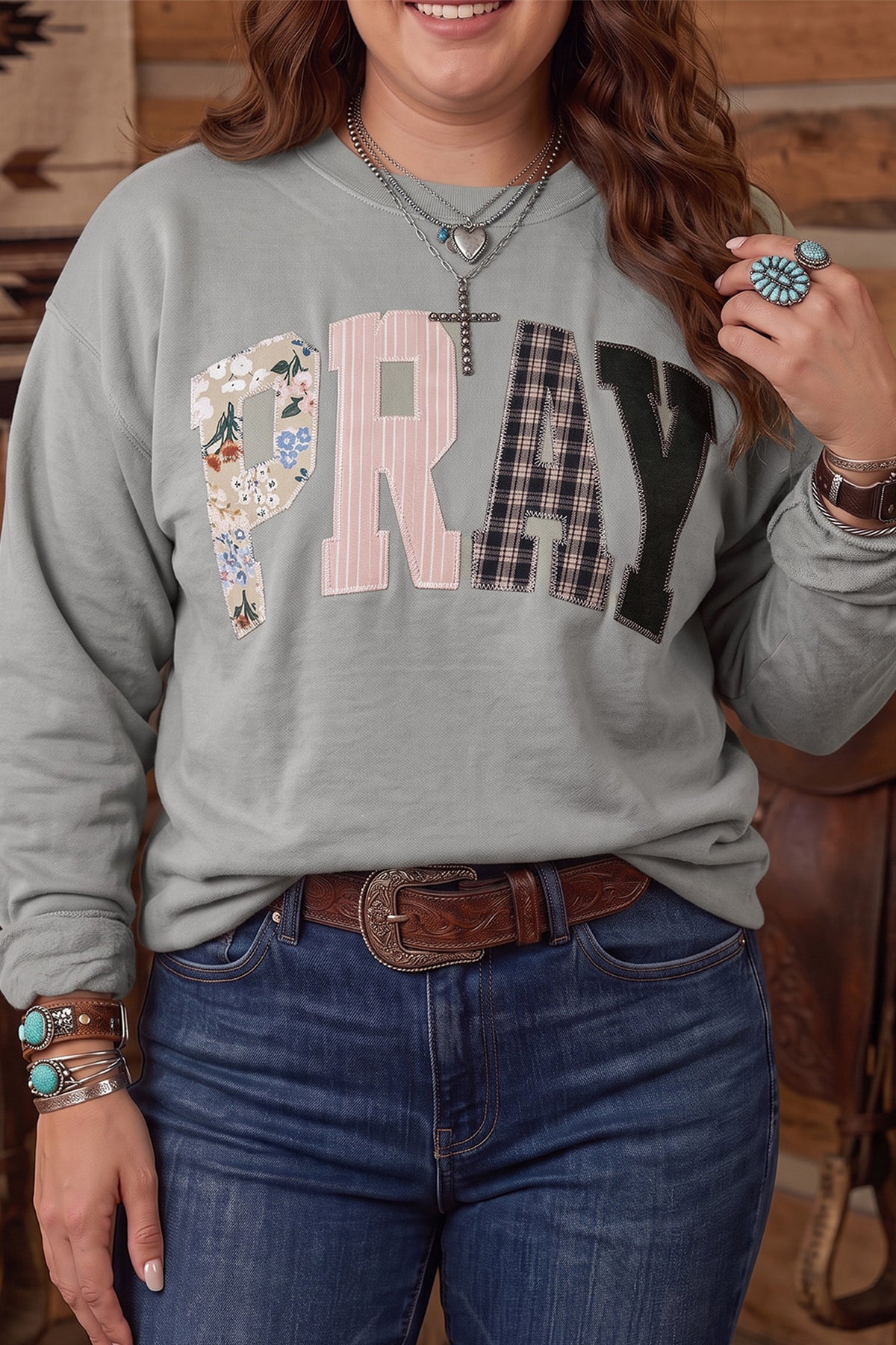 Gray PRAY Letter Patchwork Round Neck Long Sleeve Plus Size Sweatshirt