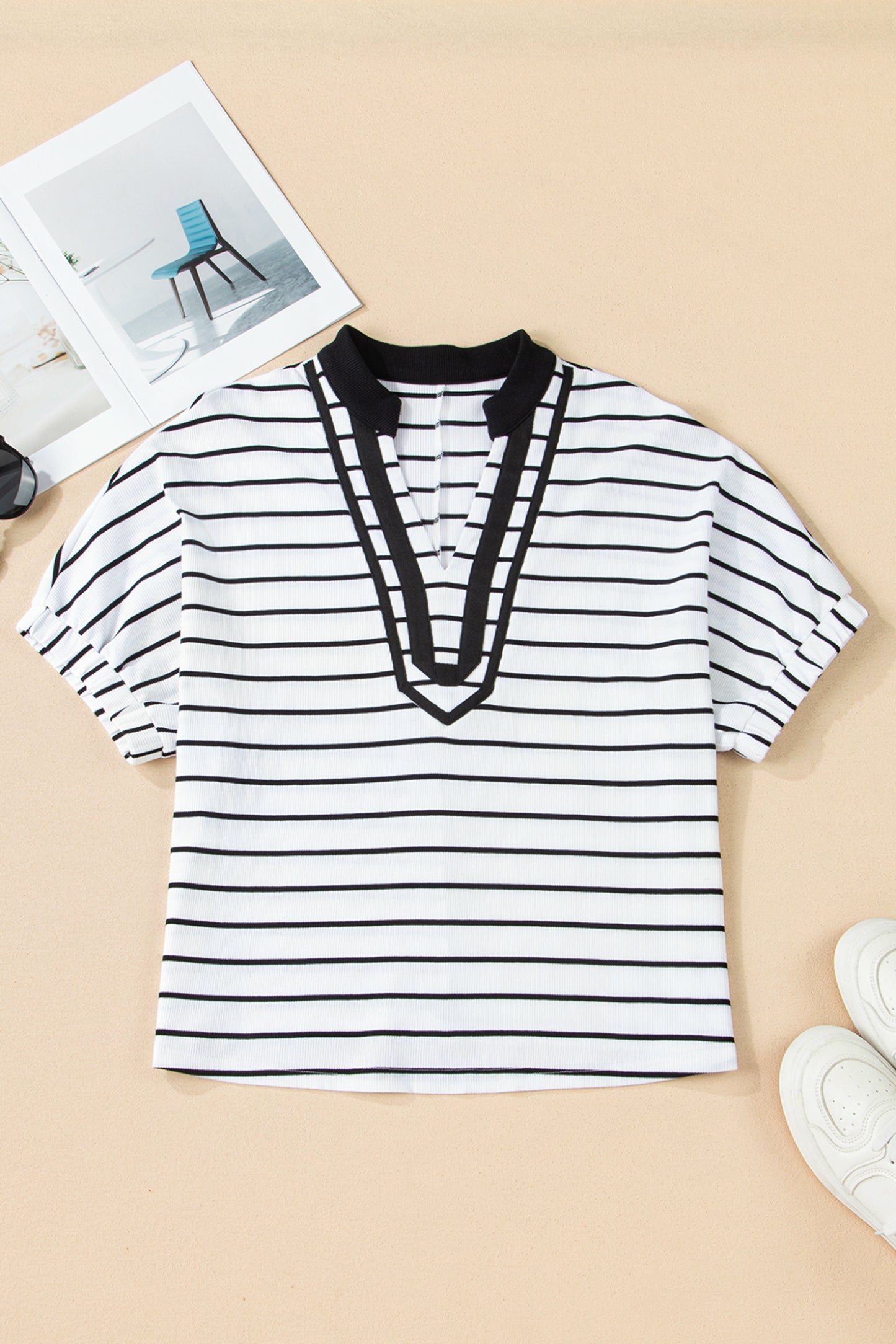 Blue Stripe Stand Collar V Neck Elastic Cuffs Half Sleeve Dolman Top