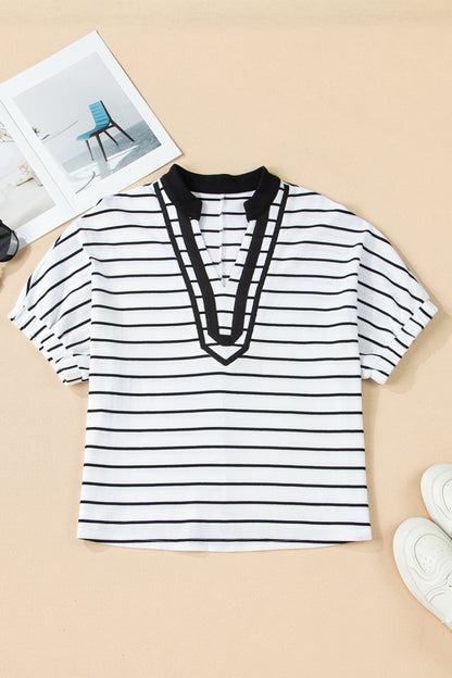 Blue Stripe Stand Collar V Neck Elastic Cuffs Half Sleeve Dolman Top