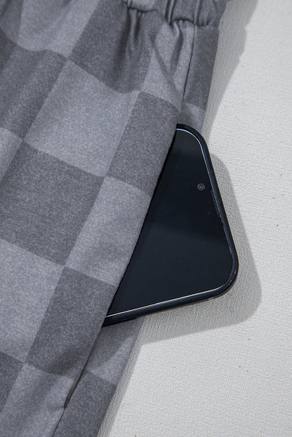 Gray Checkered V Neck Tee Drawstring Shorts Lounge Set