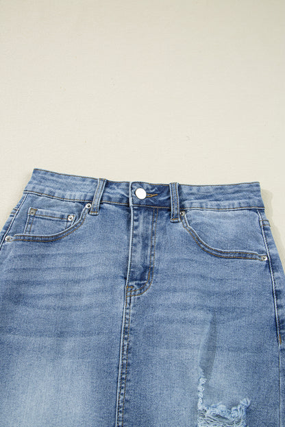 Myosotis Irregular Distressed Bottom Denim Midi Skirt