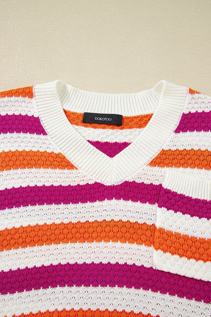 Green Stripe V Neck Short Sleeve Sweater with Side Slits