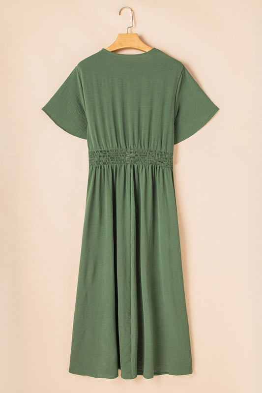 Four Leaf Clover Surplice Neckline Shirred High Waist Plus Size Maxi Dress