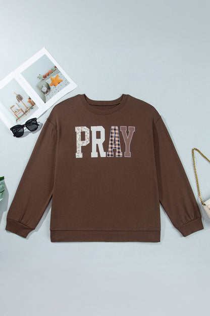 Coffee PRAY Letter Patchwork Round Neck Long Sleeve Plus Size Sweatshirt
