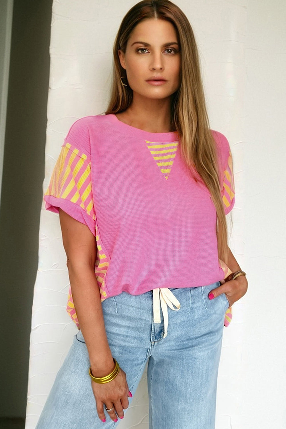 Bright Pink Waffle Textured Contrast Striped Patchwork Loose T Shirt
