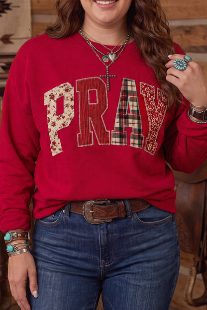 Gray PRAY Letter Patchwork Round Neck Long Sleeve Plus Size Sweatshirt