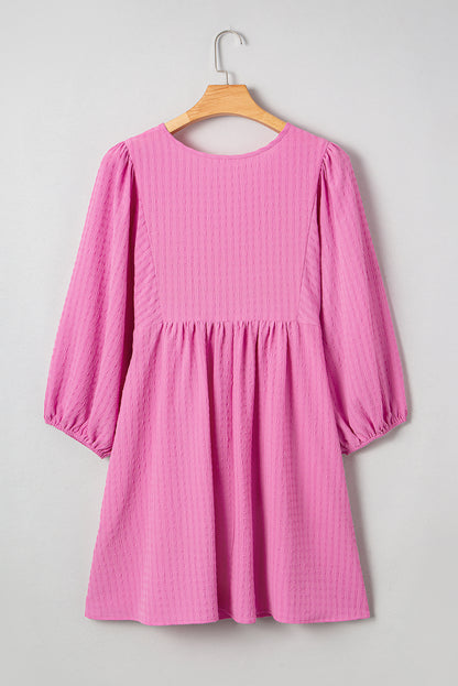 Sachet Pink Plus Size Textured Tie Split Neck Puff Sleeve Flowy Mini Dress
