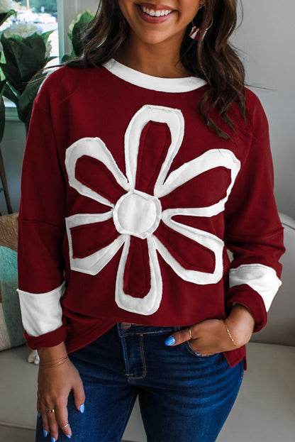 Red Dahlia Cheerful Daisy Flower Patched Round Neck Long Sleeve Top