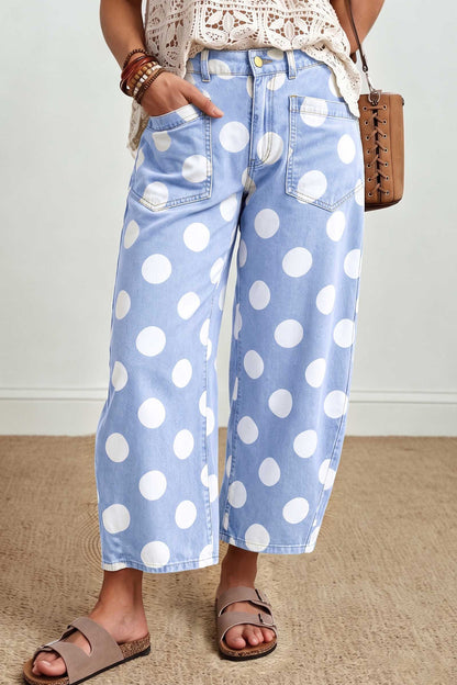 White Polka Dot Ankle-Length Barrel Jeans