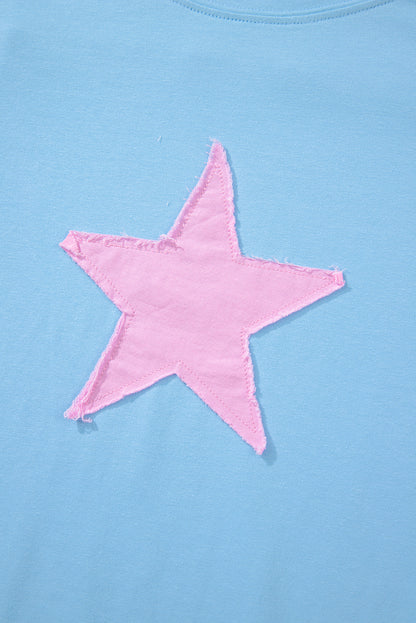 Myosotis Frayed Denim Star Patched Oversize T Shirt